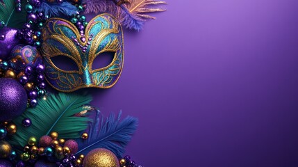Mardi Gras mask, beads, feathers, purple background, party invite