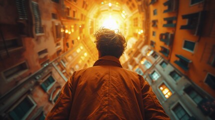 Obraz premium An urban boy surrounded by architecture, AI generated