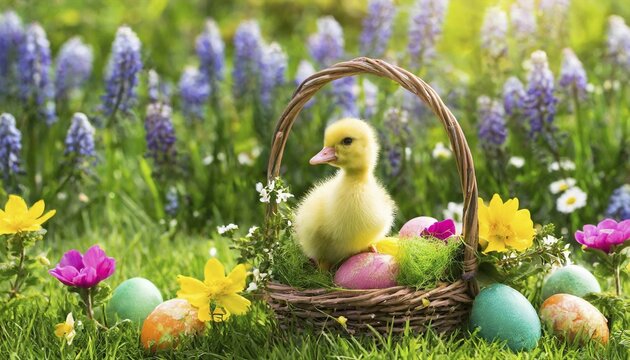 Ai generated, An Easter basket with coloured eggs in a meadow with colourful flowers, in the basket a gosling, symbolic image Easter, animal children