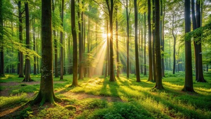 Soft, warm light filters through the dense foliage of towering trees, casting dappled shadows on the forest floor amidst vibrant greenery and lush undergrowth, woodland atmosphere, tree canopy