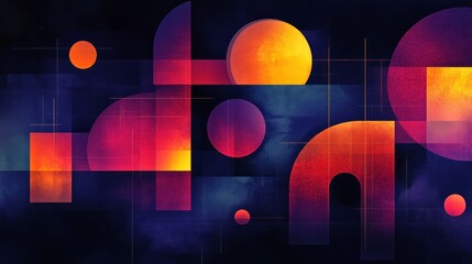 Abstract Dark Geometric Graphic Background Featuring Vibrant Orange and Purple Shapes With Light and Shadow Effects