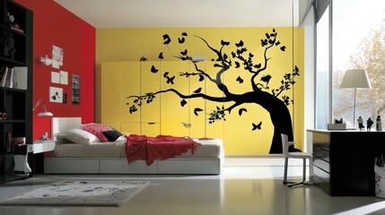 Modern Bedroom Design with Yellow Wall and Black Tree Silhouette Wall Decor