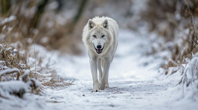 A white gray wolf (Canis lupus) walks on a snow-covered path between bare trees, AI generated, AI generated