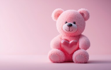 pink teddy bear holding a heart, placed on a soft pink gradient background. Valentines Day and 8 March theme