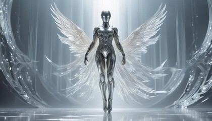 Metallic Angel with Feathered Wings