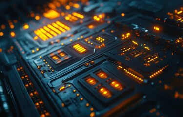 Obraz premium Futuristic Circuit Board: Glowing Orange and Blue Technology