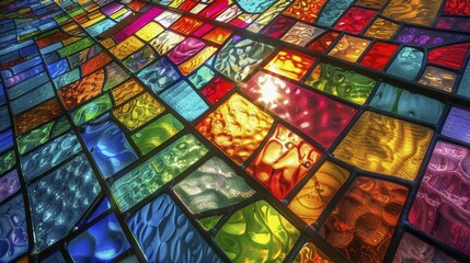 A geometric stained glass mosaic with colorful, vibrant pieces and various textures, reflecting light beautifully, AI generated