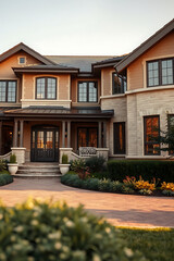 Obraz premium Luxury House Exterior: Captivating Sunset View of a Grand Home with Exquisite Landscaping and Architectural Design