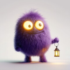 Fototapeta premium purple fluffy monster with glowing eyes, holding a tiny lantern, standing on a white background with soft shadows