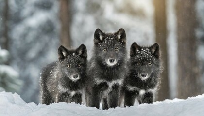 Obraz premium AI generated, animal, animals, mammal, mammals, biotope, habitat, three cubs, animal cubs, foraging, wildlife, ice, winter, snow, winter forest, black, black, wolf, (Canis lupus lycaon), Bavarian Forest, tomberwolf, Timberwolves, Germany, Europe