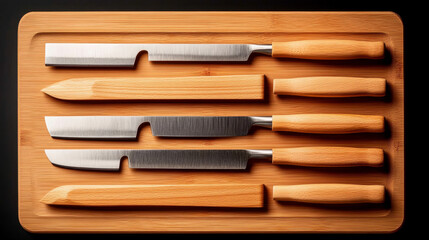 Set of Stylish Wooden Handled Kitchen Knives on Bamboo Cutting Board High quality Steel Blades Professional Cooking Tools