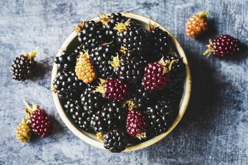 Blackberry fruits bowl overhead view summer food background, ripe blackberries on gray table
