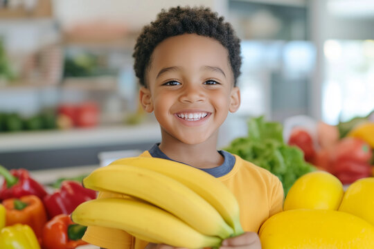 Young boy smiling and holding bananas and other fresh produce, promoting healthy eating habits and family grocery shopping