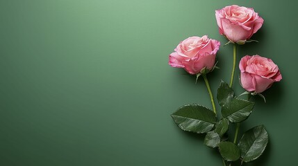 Three pink roses with droplets on petals are arranged against a muted green background, creating an elegant and fresh floral display.