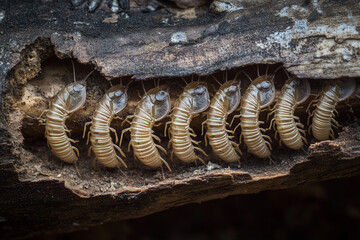 Macro shot reveals intricate termite damage on wooden structure in close-up view