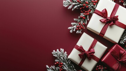 A festive arrangement featuring elegantly wrapped gifts adorned with red ribbons, surrounded by pine branches on a deep burgundy background.