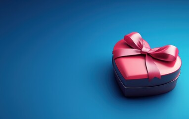 heart-shaped gift box with a satin bow, placed on a electric blue gradient background. Valentines Day and 8 March theme
