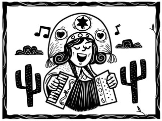 Rustic woodcut illustration of a female accordion player wearing a traditional hat, surrounded by cacti and musical notes. Celebrating Brazilian Northeastern culture and forró music
