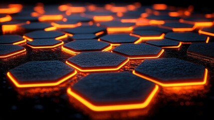 Glowing orange hexagons on dark surface.