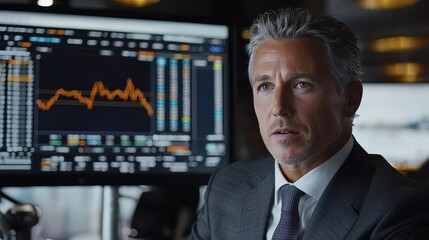 Professional businessman with gray hair focused on stock market trends in a modern office environment