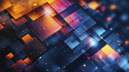 Obraz premium Abstract digital art with colorful geometric squares in hues of blue, orange, and pink, AI generated