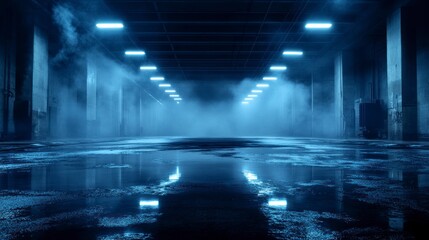 Dark Street Scene with Wet Asphalt and Reflections of Neon Lights in a Moody Urban Environment