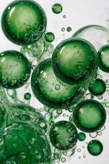 Abstract green bubbles in a fluid composition. Transparent, glossy spheres floating in a soft, airy background. Modern, fresh, and dynamic visual design. Generative AI