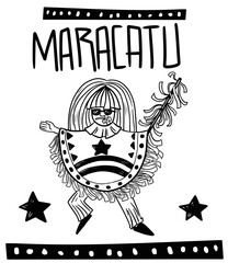 Rustic woodcut illustration of a "Caboclo de Lança," a traditional character from Maracatu, featuring a fringed costume, spear, and star decorations. Celebrating Brazilian cultural heritage