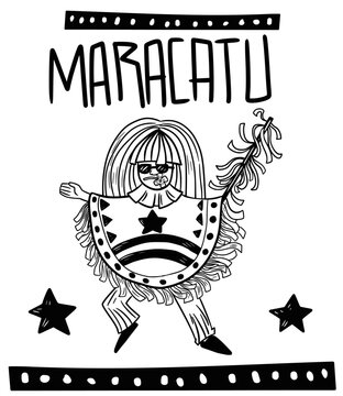 Rustic woodcut illustration of a "Caboclo de Lan&ccedil;a," a traditional character from Maracatu, featuring a fringed costume, spear, and star decorations. Celebrating Brazilian cultural heritage