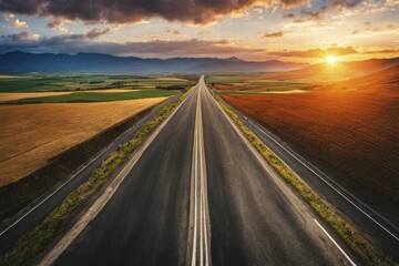 Naklejka premium Straight road at sunset stretching towards the horizon with fields and mountains on either side under a partly cloudy sky, AI generated