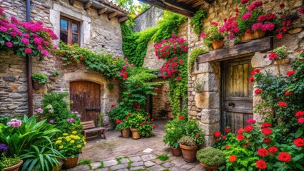 Fototapeta premium Ancient stone walls surrounded by lush greenery and vibrant flowers in a secluded courtyard with rustic charm and weathered wooden beams, flowers, architecture