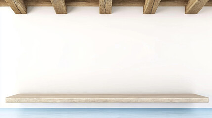 Obraz premium Empty Wooden Shelf on White Wall with Rustic Beams Perfect for Product Display and Mockups
