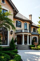 Fototapeta premium Magnificent Brick Mansion: A Symbol of Luxury Living. This stunning home boasts exquisite architecture, a grand entrance, and meticulous landscaping, creating an atmosphere of opulence and serenity.