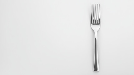 A polished silver metal fork placed on a pristine white background