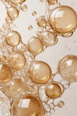Glossy beige bubbles floating in a translucent liquid. Abstract fluid composition with a soft, dreamy aesthetic. Modern, airy, and elegant design. Generative AI