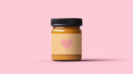 Amber Glass Jar with Heart Label Pink Background Product Packaging Mockup