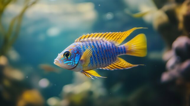Colorful and realistic  style of a rainbo fish in an aquarium with vibrant aquatic plants