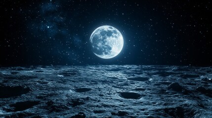 Breathtaking Panoramic View of Full Moon Illuminating the Lunar Surface in the Vastness of Space at Night