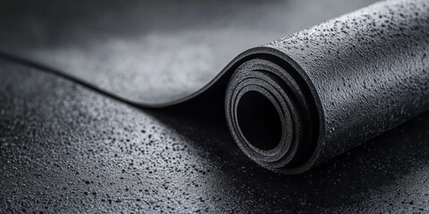 Roll of black rubber sheet for industrial and commercial use on white background