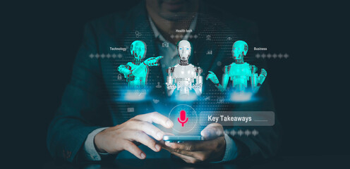 AI agents Key Takeaway concept. Businessmen use voice commands to enable Artificial intelligence to help search engines, Communication responds in real-time voice 