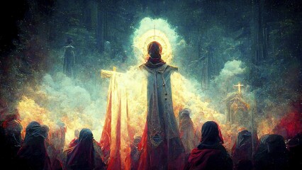 Obraz premium Jesus Christ, people pray in a church, religion and faith of christianity, illustration