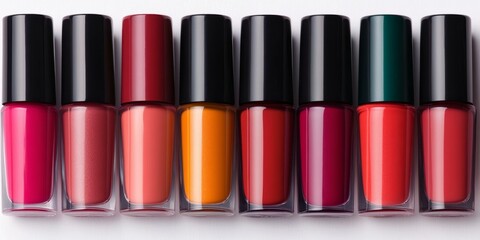 Collection of colorful nail polish bottles displayed on a white background
