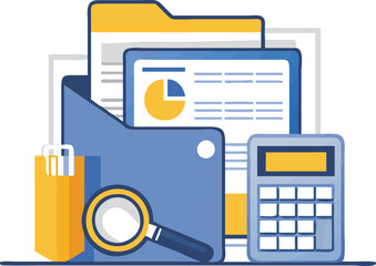 Financial Analysis Vector: Document Folder with Calculator and Magnifying Glass