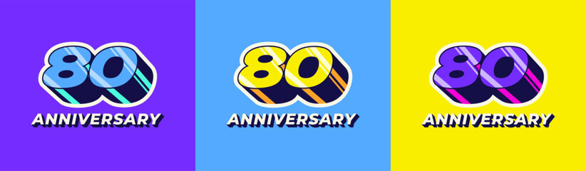 Logo 3D Retro Long Shadow Colorful 80th, 80th Happy Anniversary in Colorful 3D Retro with long shadow and Glossy effect. Modern and Old concept.