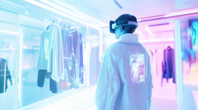 Virtual shopping, discounts, interactive game, shopper discovering rewards, digital store, floating products, fashion items, holographic, futuristic interface, immersive experience, bright, engaging - Powered by Adobe