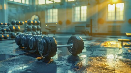 Obraz premium Gym with dumbbells on a wet floor, bathed in warm, glowing sunlight creating a focused atmosphere, AI generated