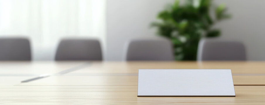 close up of blank nameplate on wooden desk in modern office setting, conveying professional atmosphere with soft lighting and greenery in background