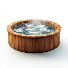 Fototapeta premium round wooden hot tub filled with steaming water, isolated on a clean white background