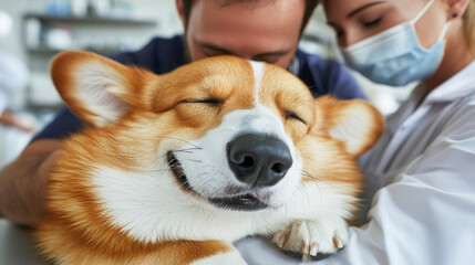 Happy Corgi Dog Relaxing in Veterinarian s Care Gentle Hands Loving Pet Exam
