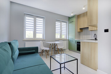 Salon w nowoczesnym apartamencie z seledynowym aneksem kuchennym z ciemnozieloną sofą © arteffect.pl